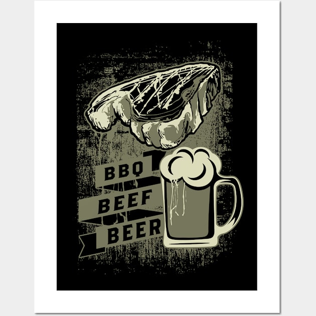 BBQ, Beef, and Beer Vintage Design Wall Art by Jarecrow 